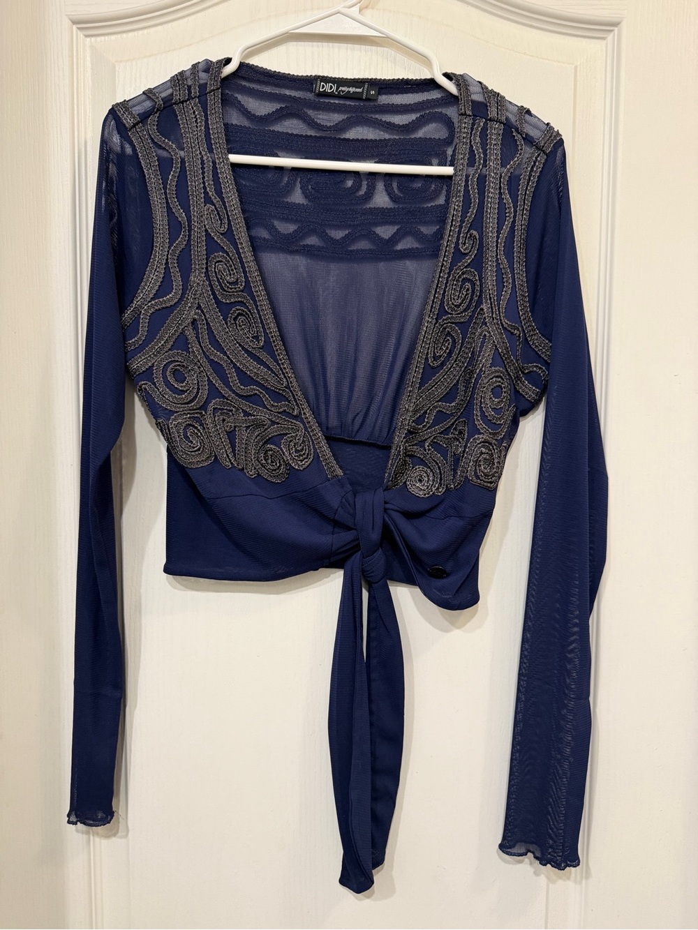 Didi Navy Tie-Front Embellished Crop Top